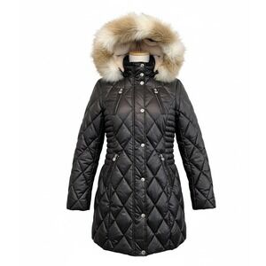 Preston & York Womens Coat Faux Fur Remove Hood Glossy Shiny Finish Black Size M